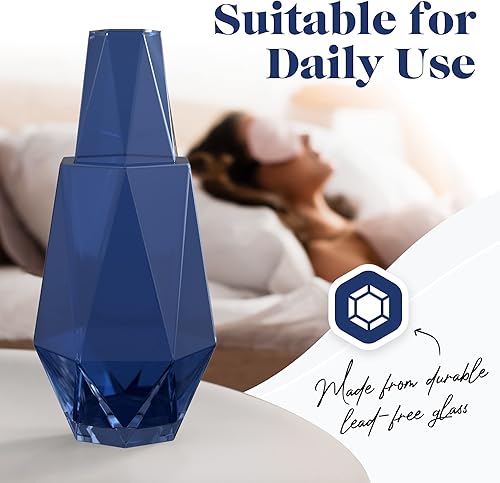 Miniatura 4 de American Atelier Jarra de noche geométrica moderna | Juego de 2 piezas con taza/tapa | Juego de jarra de agua de vidrio y juego de vidrio | Azul