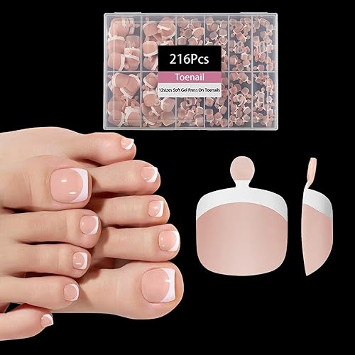 216pcs French Tip Press on Toenails Short Square，OPkssnails Skin Toe Nail Press On, Pre-Designed Soft Gel Toe Nail Tips, Soak off Acrylic Fake Toe Nail Extensions 12 Sizes - A-3French Nude White
