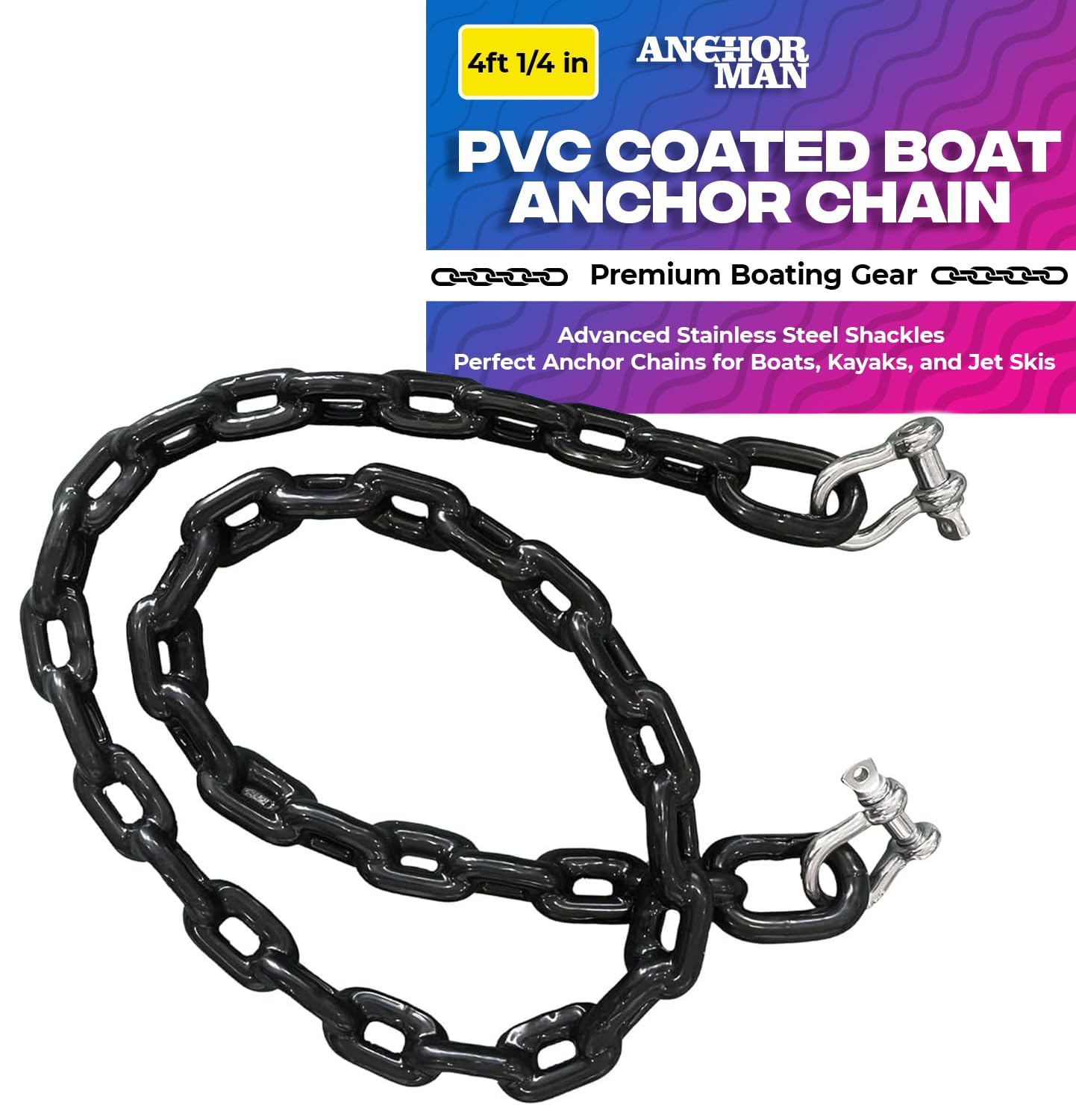 Anchor-Man PVC Coated Anchor Chain, Heavy Duty Anchor Chains for Boats, Durable Corrosion Resistant Boat Anchor Chain for Secure Marine Anchoring (4ft 1/4in) - Black