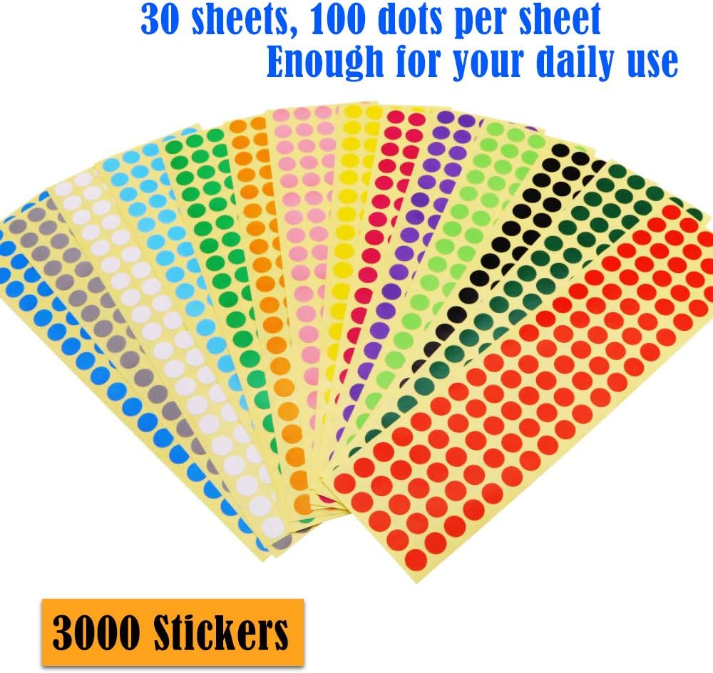 3000pcs 3/8" Color Coding Labels 10mm Round Self-Adhesive Colored Circle Dot Stickers 15 Different Assorted Colors for Multipurpose DIY