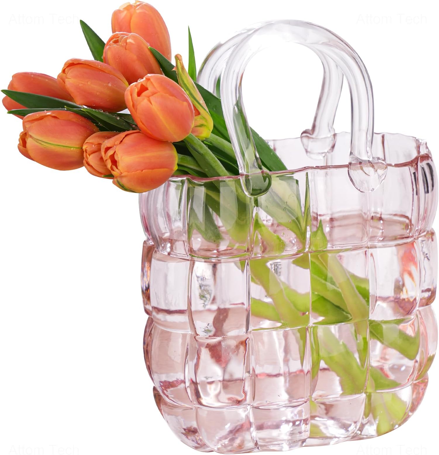 NiHome Glass Purse Vase Pink Glass Bag Vase with Handle Handbag Shape Vase for Flowers Farmhouse Decor Handmade Wide Mouth Glass Vase for Office Home Living Room Dining Table Decor