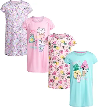 Rene Rofe Girls' Pajamas - Short Sleeve Sleep Shirt Nightgown (4 Pack)