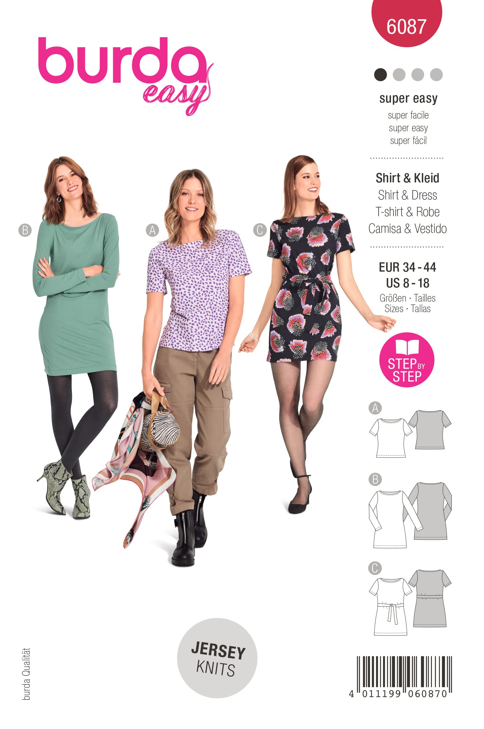 Burda Paper Sewing Pattern 6087 Tops, Dresses 8-18 (34-44)