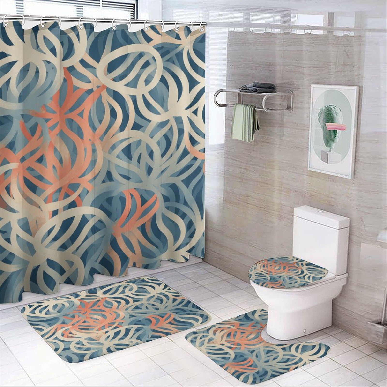 Rideau de douche corail anti-moisissure et tapis antidérapants de bain