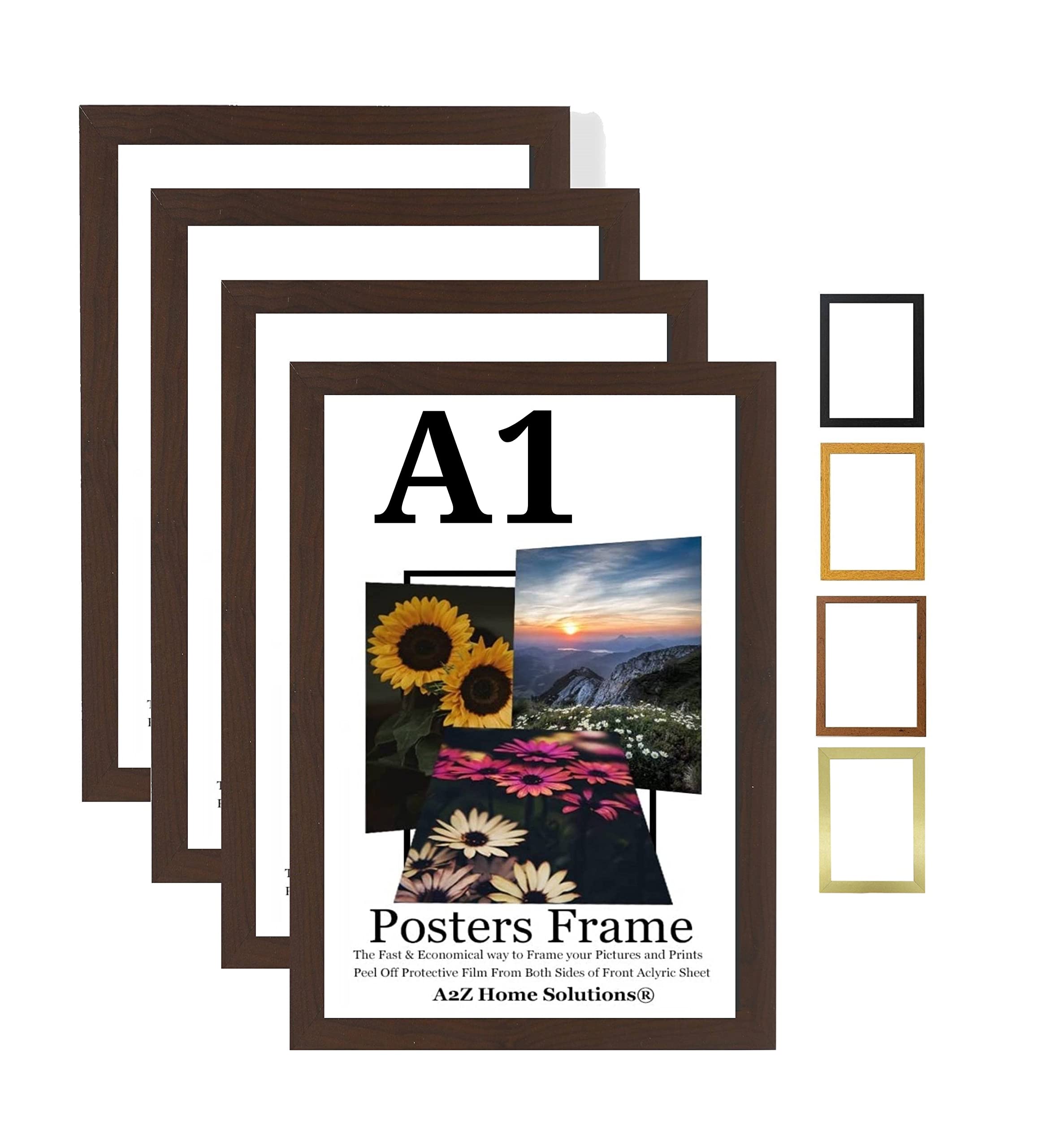 A2Z Home Solutions® Multipack Mahogany A1 Poster Frames 59.4 x 84.1 cm With Safe Clear Perspex Front & Wall Mounting A1 Frames In Multiple Colors MDF Backboard Portrait or Landscape (4)