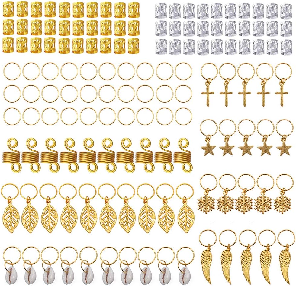 YMHPRIDE 140 Pieces Dreadlock Jewelry Aluminum Dreadlocks Beads Metal Hair Cuffs Hair Rings Shell Charms Hair Coils Braiding Hair Pendants Decoration Clips