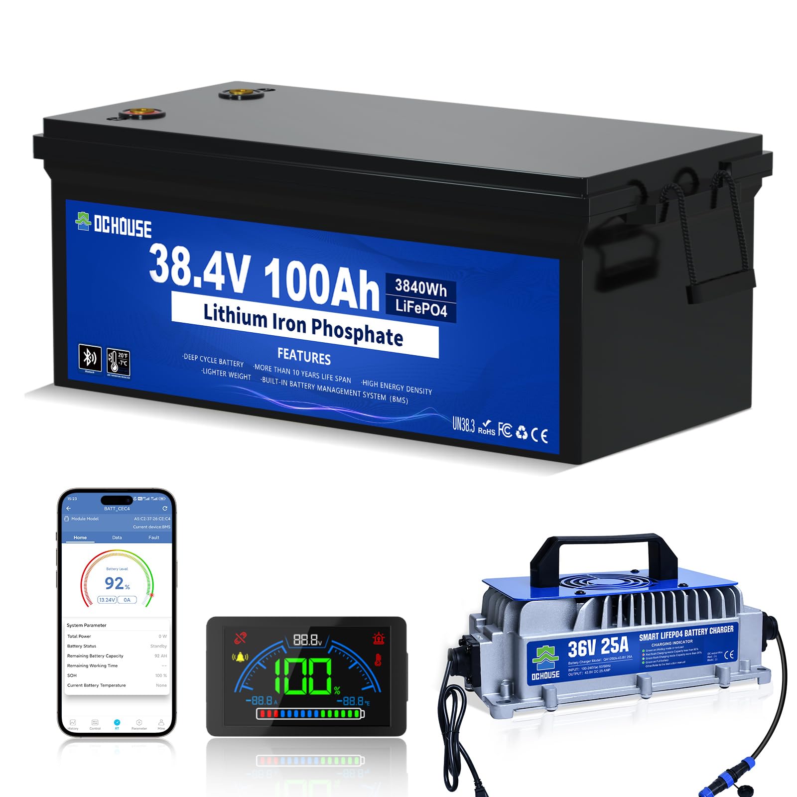 DC HOUSE Upgraded 36V 100Ah Lithium Golf Cart Battery Kit with 36V 25A Lithium Battery Charger, One Touch Switch, Bluetooth Mobile APP & LCD Monitor, 150A(200A) BMS, Peak Current 500A(670A)
