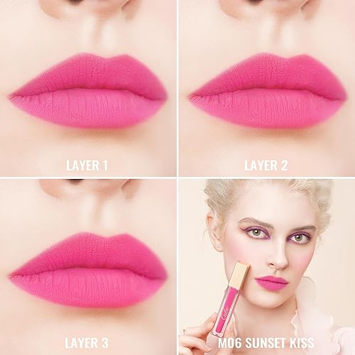 Miniatura 7 de Oulac Lápiz labial mate rosa para mujeres, lápiz labial líquido duradero de color rosa intenso, color de labios de alto impacto con cobertura total