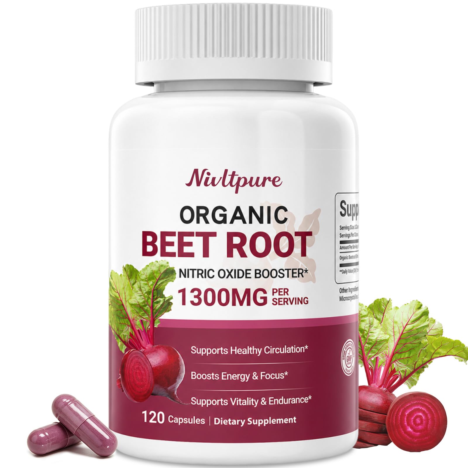 Beet Root Capsules 1300mg - Cold Pressed Beet Root Nitric Oxide Booster Beetroot Powder Extract for High Blood Pressure, Healthy Circulation, Energy and Stamina, Non-GMO - 120 Capsules