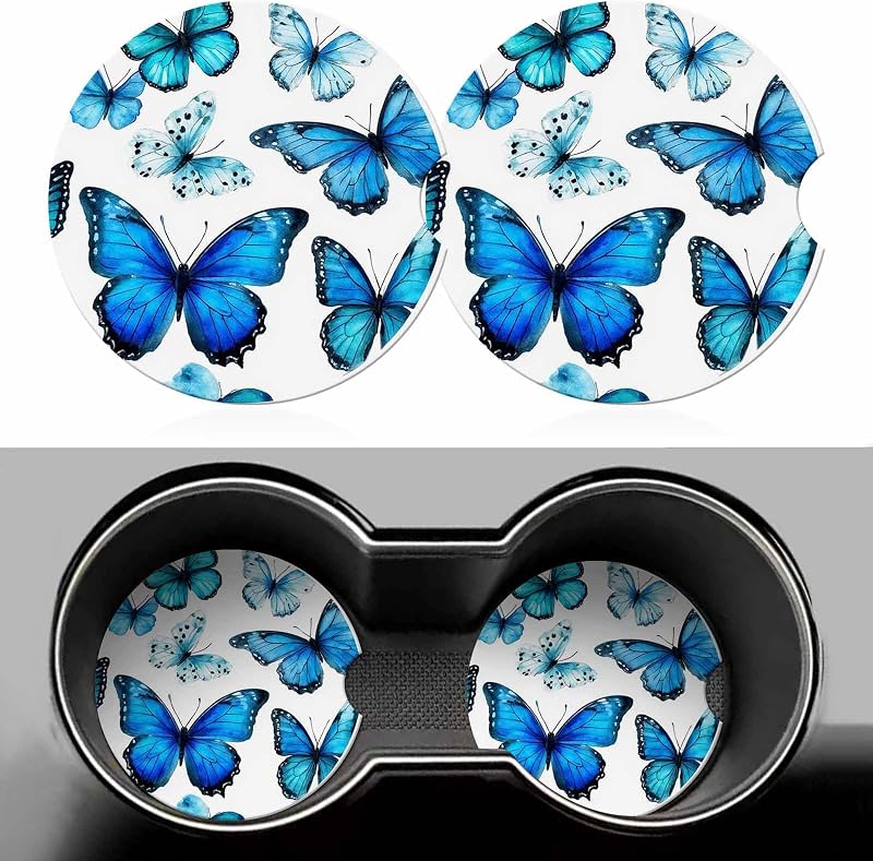 Kit com 2 Porta-Copos para Carro Butterfly Blue em Cerâmica Absorvente com Base de Cortiça Jnomin