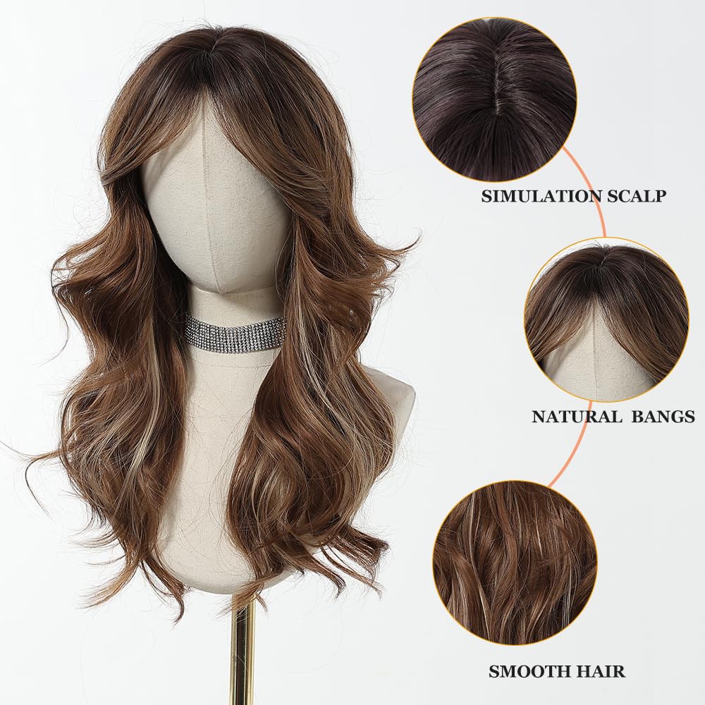 Esmee Perruque Marron Longue et Droite pour Femmes Perruque à Frange en Cheveux Synthétiques Layered pour Soirée Cosplay Quotidienne