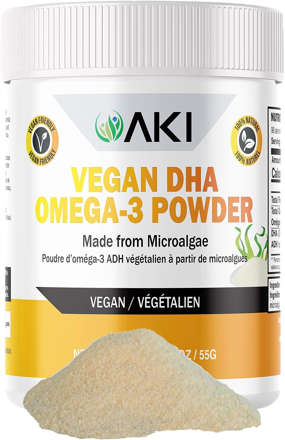 AKI Omega 3 DHA Micro Algae Powder Supplements - Plant-Based Keto Vitamin for Inflammation - Alternative to Fish or Krill Oil - Vegan & GMO-Free (1.94oz/55g)