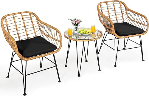 Miniatura 19 de Tangkula 3 Pieces Patio Bistro Set, Rattan Conversation Set with 2 Cushioned Armchairs & Round Glass Coffee Table, Indoor Outdoor Wicker Furniture