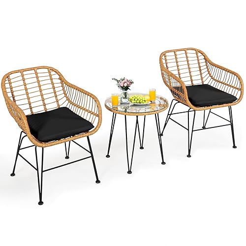 Tangkula 3 Pieces Patio Bistro Set, Rattan Conversation Set with
