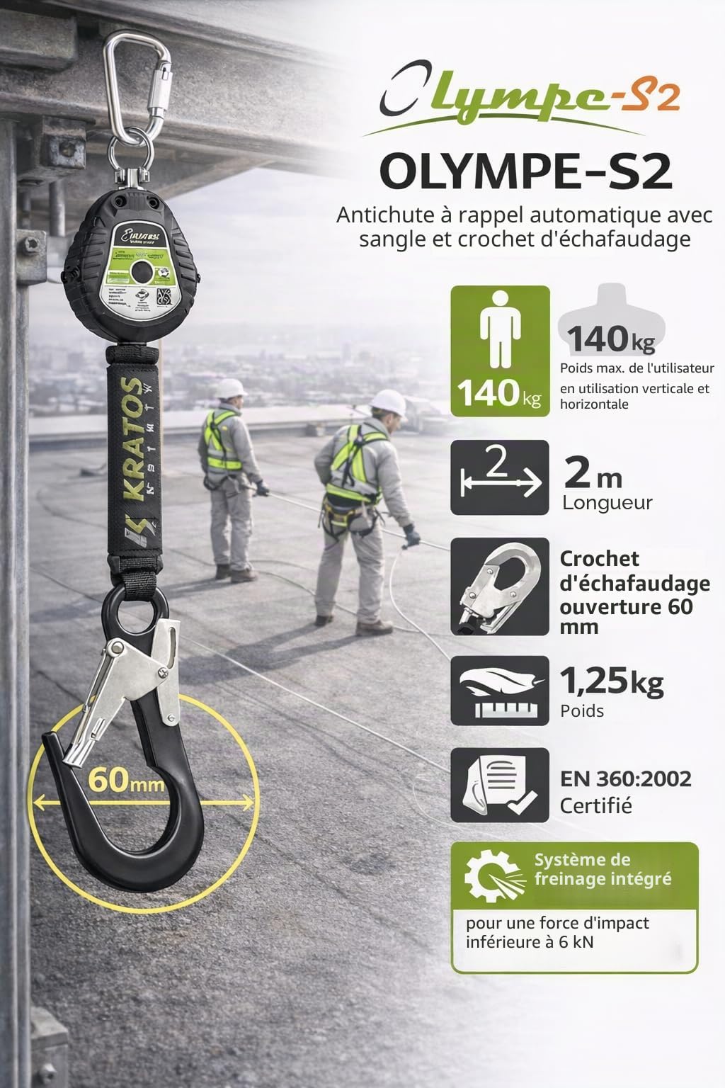 KRATOS SAFETY - Olympe-S2, Antichute à Rappel Automatique avec Sangle LG. 2m - 119-FA2050302
