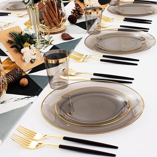 Miniatura 6 de Supernal Juego de vajilla de plástico negro de 180 piezas, platos de plástico negro, platos de plástico transparente con borde dorado, cubiertos de