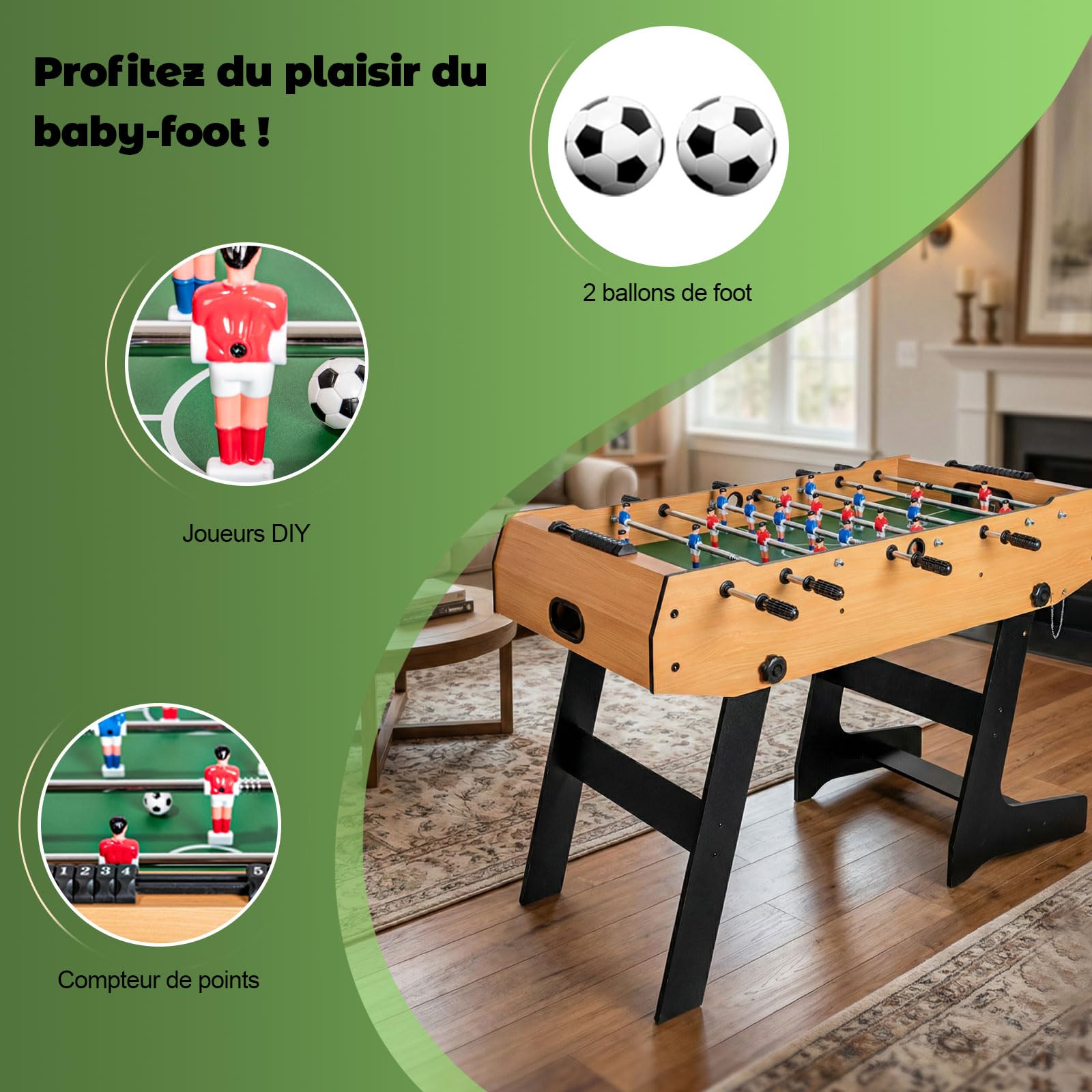 Table de babyfoot Pliable, Accessoires complets – pour Adultes, Enfants et Toute la Famille.