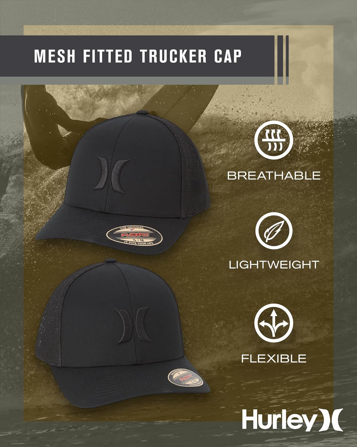 Hurley Mens Baseball Cap - Laguna Icon Mesh Stretch Trucker Hat with Curved Brim - Lightweight Breathable Fitted Hats for Men - Image 2