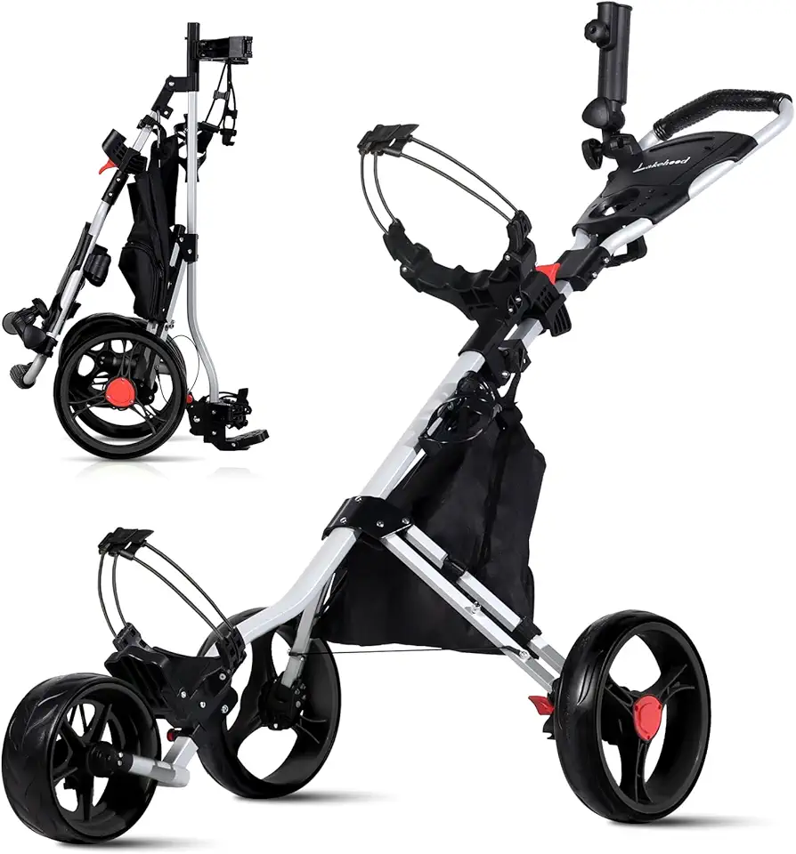Lakehood Golf Push Cart - 3 Wheel Golf Cart for Easy Transport & Storage, Height-Adjustable Handle for All Ages, Push Golf cart - Perfect for Golf Courses & Practice Sessions