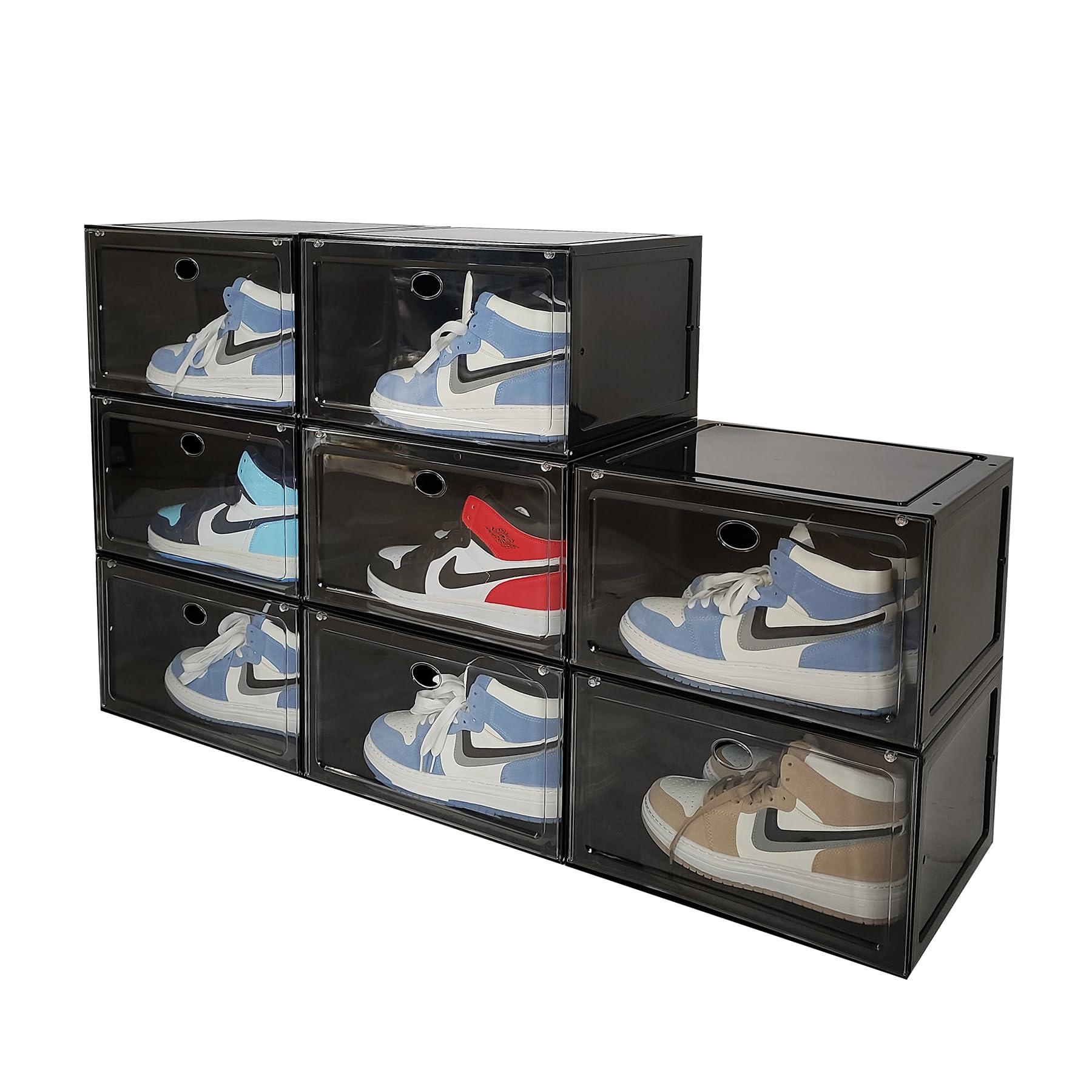 KEFA XL Shoe Storage Box Organizer, 8 Pack Shoe Boxes Clear Plastic Stackable, Sneaker Display Case Container Fit for US 13 (Side 8 PACK BLACK)