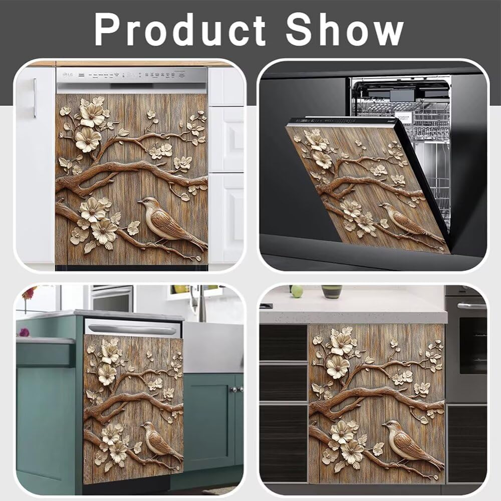 3D Wood Carving Flowers and Bird Dishwasher Magnet Cover Panel, Village White Flowers Sticker Cover for The Front Magnetic Decorative Refrigerator Bird Door Cover Home Decor - 23x26 Magnetic