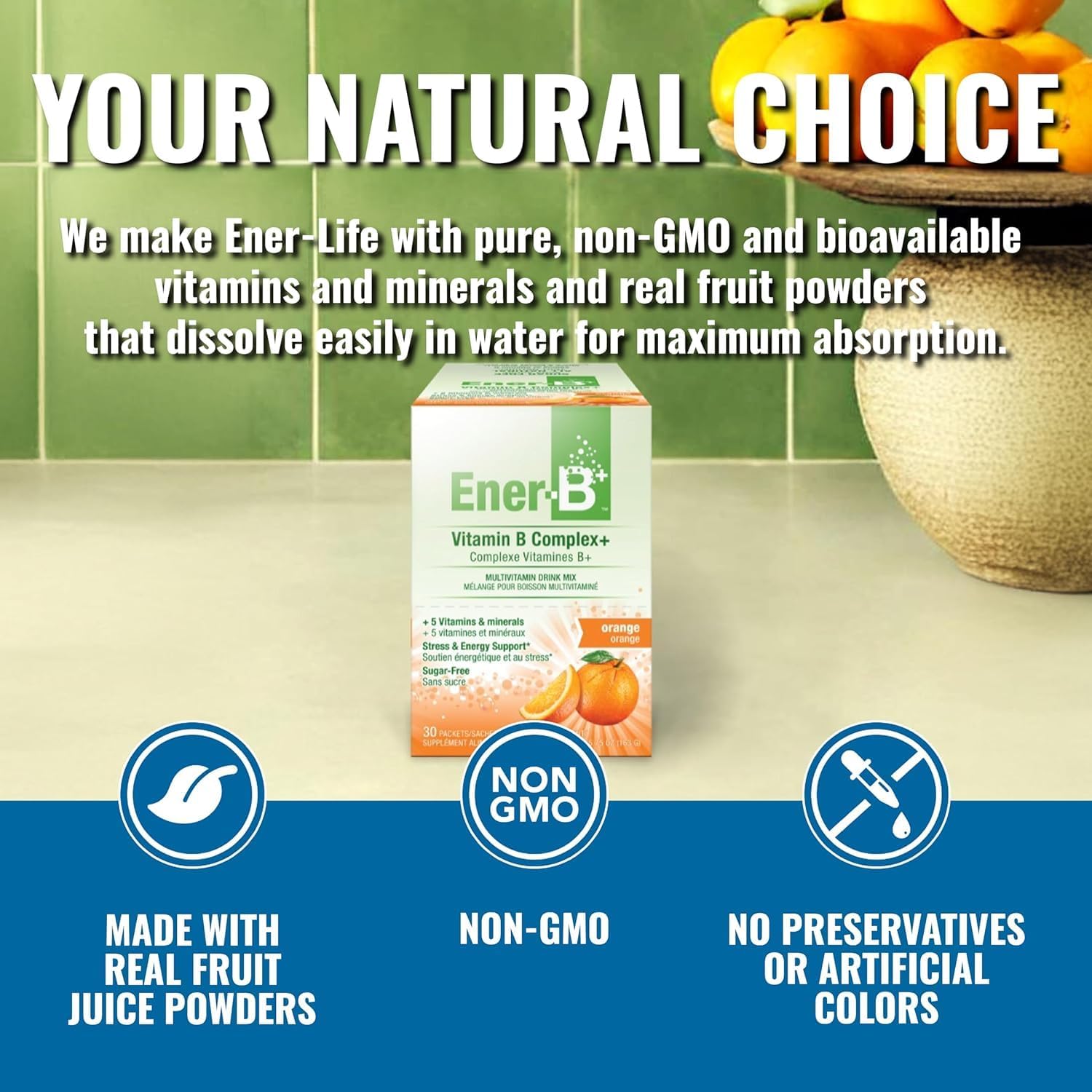 Ener-B+ Sugar Free Multivitamin Drink Mix - Instant Vitamin Packets, Electrolyte Powder Sticks, Hydration Booster, Vitamin B Supplement Liquid for Men and Women - Orange, 30 Count