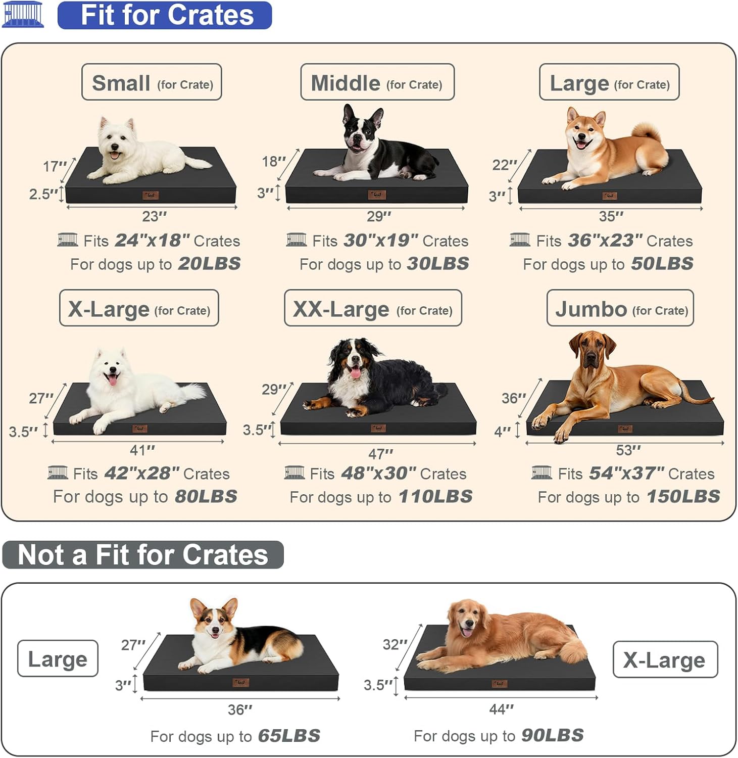 Outdoor Extra Large Dog Crate Bed, XXL Waterproof Dog Bed for Giant Breeds Dogs, 47x29 Inch Orthopedic Egg Crate Foam Pet Mat with Removable Cooling Cover, Black