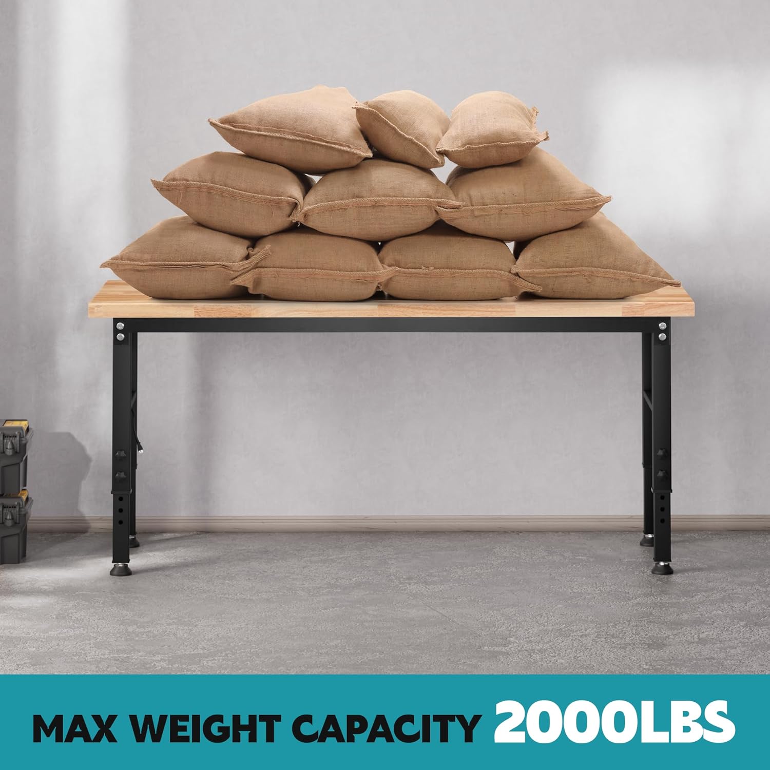 70'' Adjustable Workbench, 2000 LBS Load Capacity Heavy Duty Workstation with Power Outlets, Rubber Wood Top Worktable for Garage, Office,Workshop, Commercial - Image 6