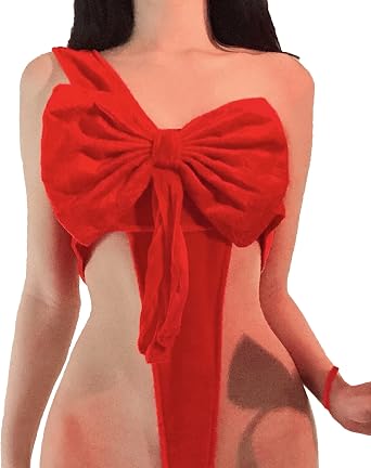 JasmyGirls Bow Lingerie for Women Sexy Christmas Valentines Red Present Bowtie Bra Velvet Bodysuit Unwrap Me Babydoll Santa Costume