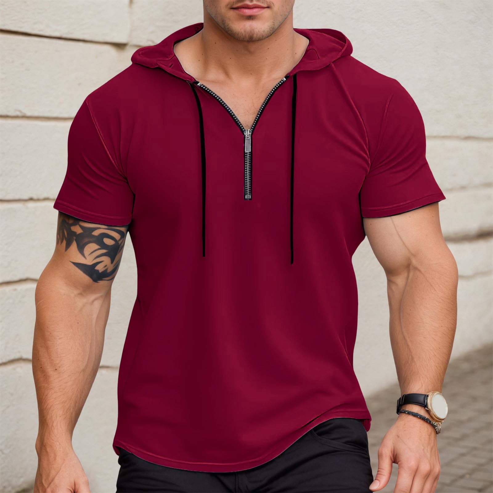 Short Sleeve Hoodies for Men Quarter Zipper Hooded T-Shirts Lightweight Tops V Neck Pullover Casual Summer Shirts B-red