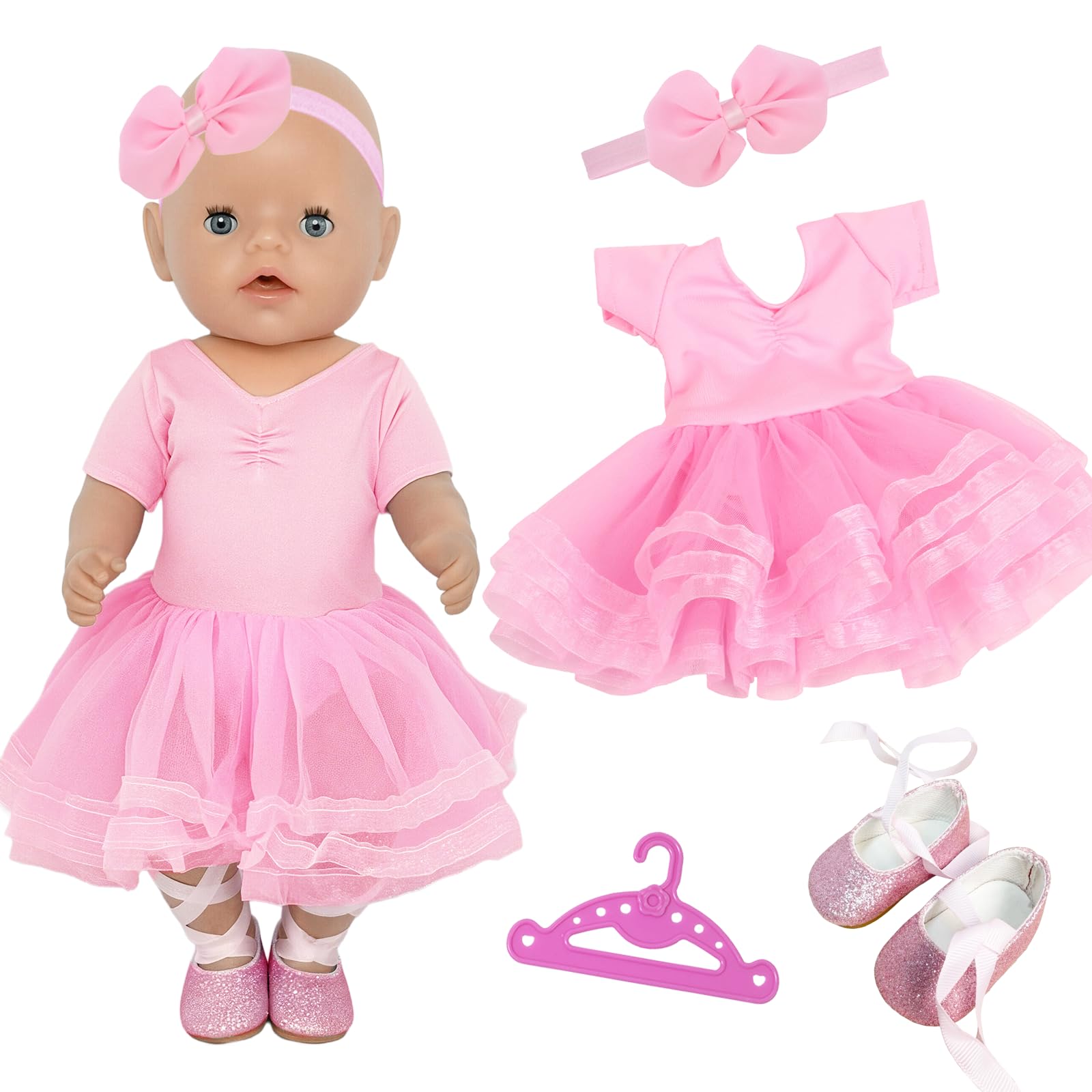 YAEGIMHT Doll Clothes for 14-18 Inch Baby Doll, Pink Doll Dress with Butterfly Bow Headband, Dancing Shoes, Hanger, Sweet 35-45cm Dolls Clothes Tutu as Girls Dressing Doll Gift