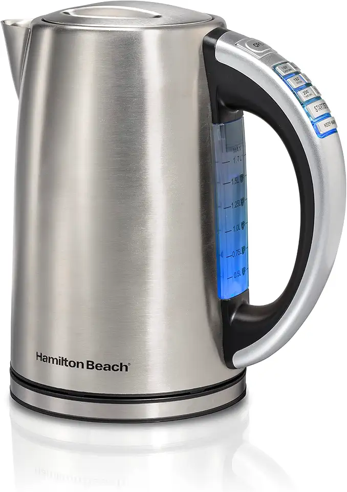 Chaleira elétrica Hamilton Beach de controle de temperatura de 1,7 litros, caldeira de água e aquecedor, ebulição rápida de 1500 watts, sem BPA, sem fio, desligamento automático e proteção contra