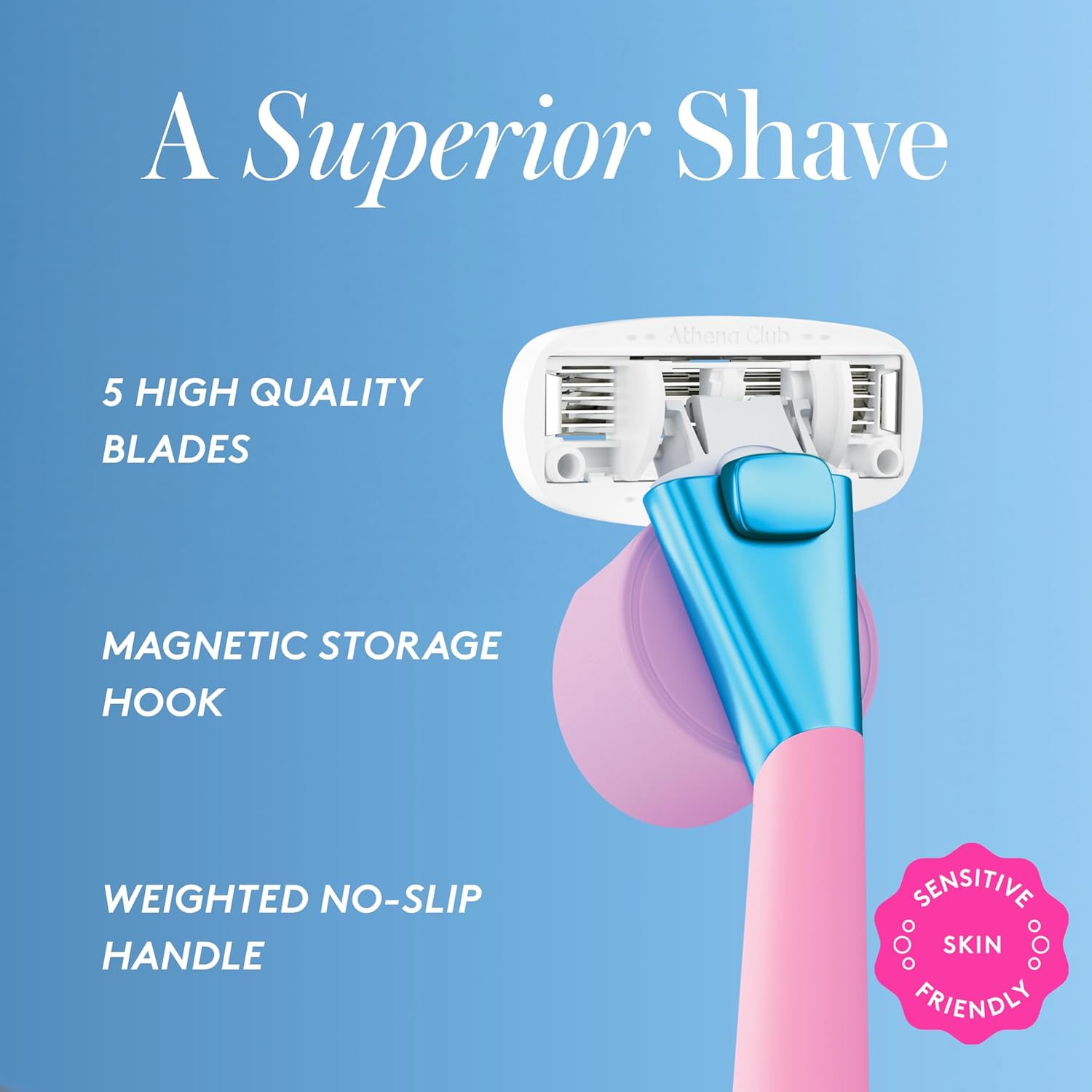 Athena Club Women’s Razor Kit, 5-Blade Cartridge Razor for Sensitive Skin, Serum-Infused Blades with Shea Butter and Hyaluronic Acid, Includes Handle, 5 Refills and Magnetic Shower Hook - Pool Party - Image 2
