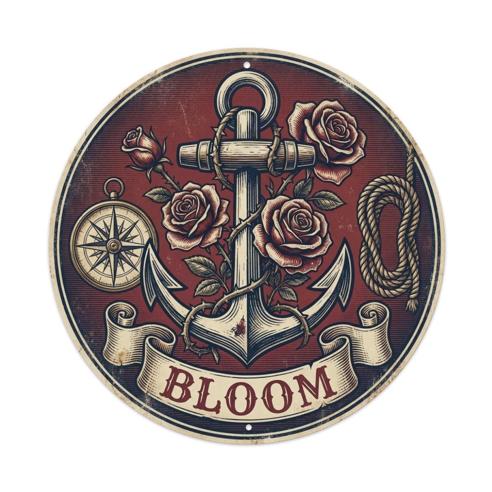 Bloom Roses Anchor Old Chart Maritime Seafaring Metal Tin Sign