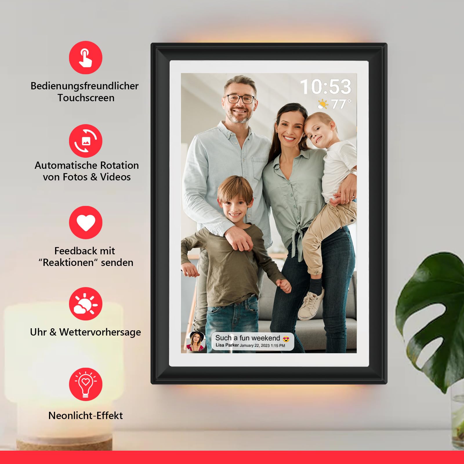 Frameo Digitaler Bilderrahmen 10,1 Zoll WiFi 32 GB Speicher Touchscreen HD 1280x800 Auto-Rotation