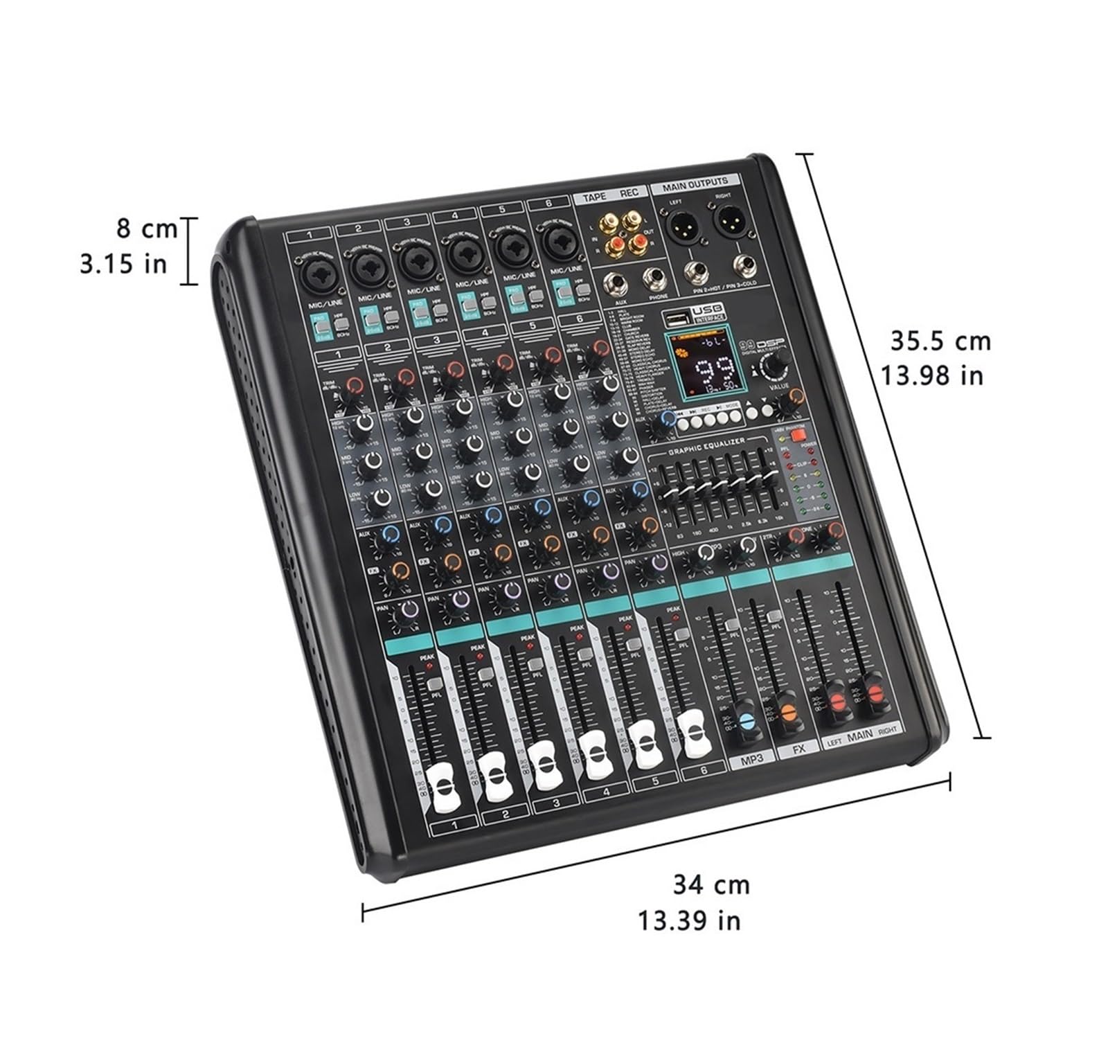 Audiomixer, 6 Mono-Kanal-Mischpult-Monitor Low Cut 99 DSP-Effekt-PAD Audio-Sound-Mixer 7-Band-EQ USB-Aufnahme für Studio-Karaoke