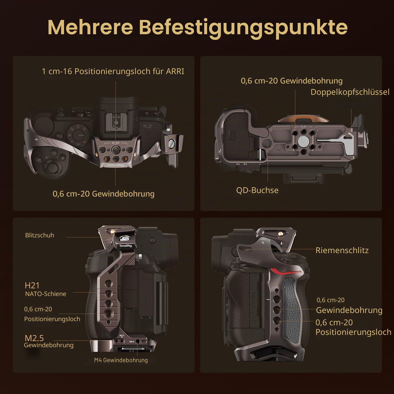 SMALLRIG Night Eagle Z5II Cage für Nikon Z5 / Z6 / Z6II / Z7 / Z7II, Kamera-Komplettkäfig aus Aluminiumlegierung mit Blitzschuh und NATO-Schiene, Schnellwechselplatte für arca – 5258