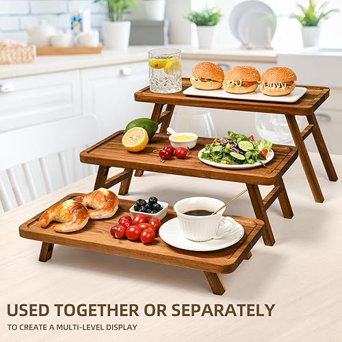 Miniatura 7 de GEHE Bandeja plegable de 3 niveles para servir, soporte para cupcakes para fiestas, juego de soporte de torre de madera de acacia, platos grandes
