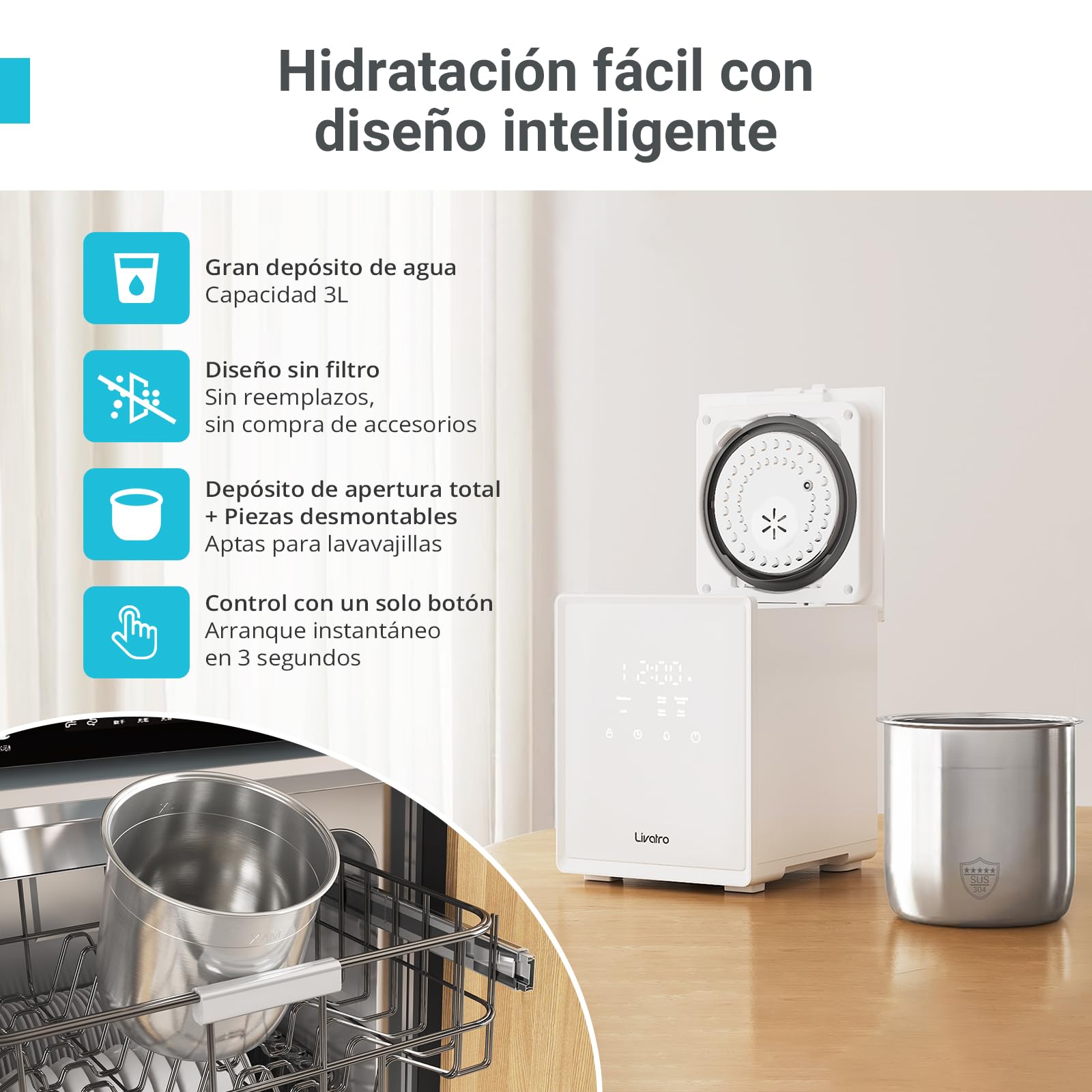 Livatro Humidificador de Aire 3L Top-Fill, Humidificador de Vapor Caliente de Acero Inoxidable, Reduce el 99,97% de las Bacterias,Temporizador y Modo Sueño,para Bebés,Oficina, Dormitorio,Sala de Estar