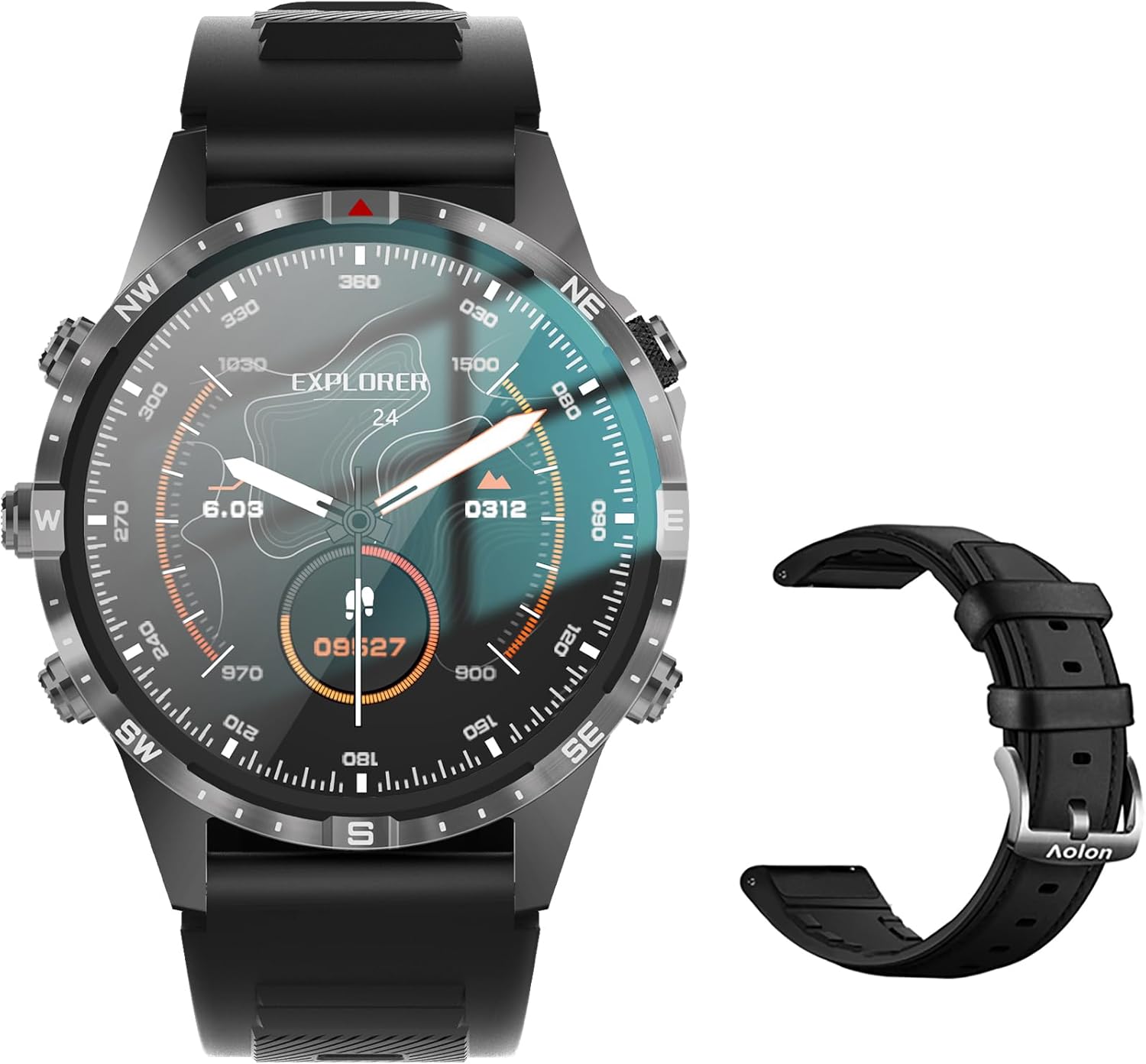 Arloġġ Smart Aolon GT5 Pro b'ċinga tas-silikon sewda u ċinga addizzjonali tal-ġilda sewda.