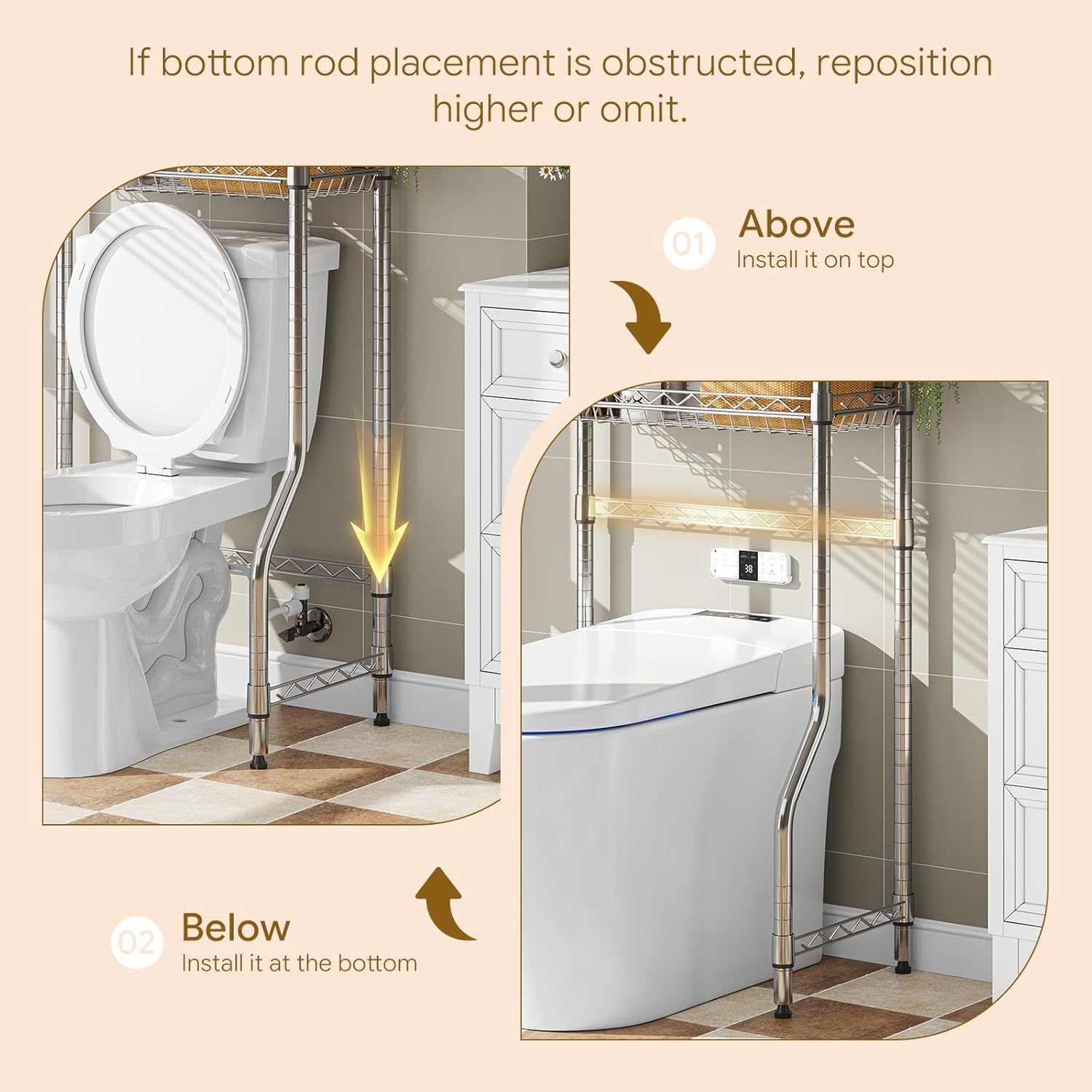 4-Tier Over The Toilet Storage, Metal Bathroom Shelf with Adjustable Shelves & Basket, Space-Saving Above Toilet Organizer, Chrome