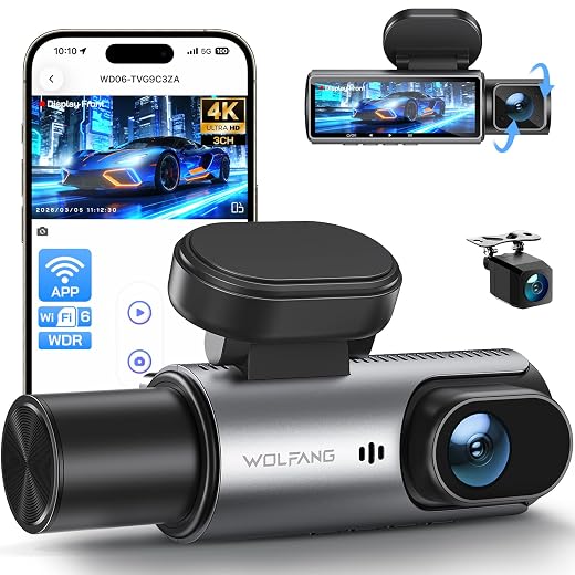 WOLFANG 4K Dashcam, Car Camera with WiFi & App Control with, Car Camera 2160P Dashcam with App, 3.19" IPS, Night Vision, Loop Recording, G-Sensor, WDR, Supports 24H Parking Mode