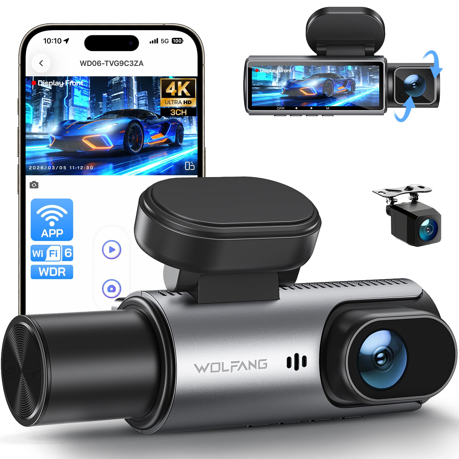 WOLFANG 4K Dashcam Voiture Avant Arrière, 3 Canaux Caméra de Bord avec 24H Mode Parking, WiFi & Application, G-Capteur, WDR, Vision Nocturne, Enregistrement en Boucle
