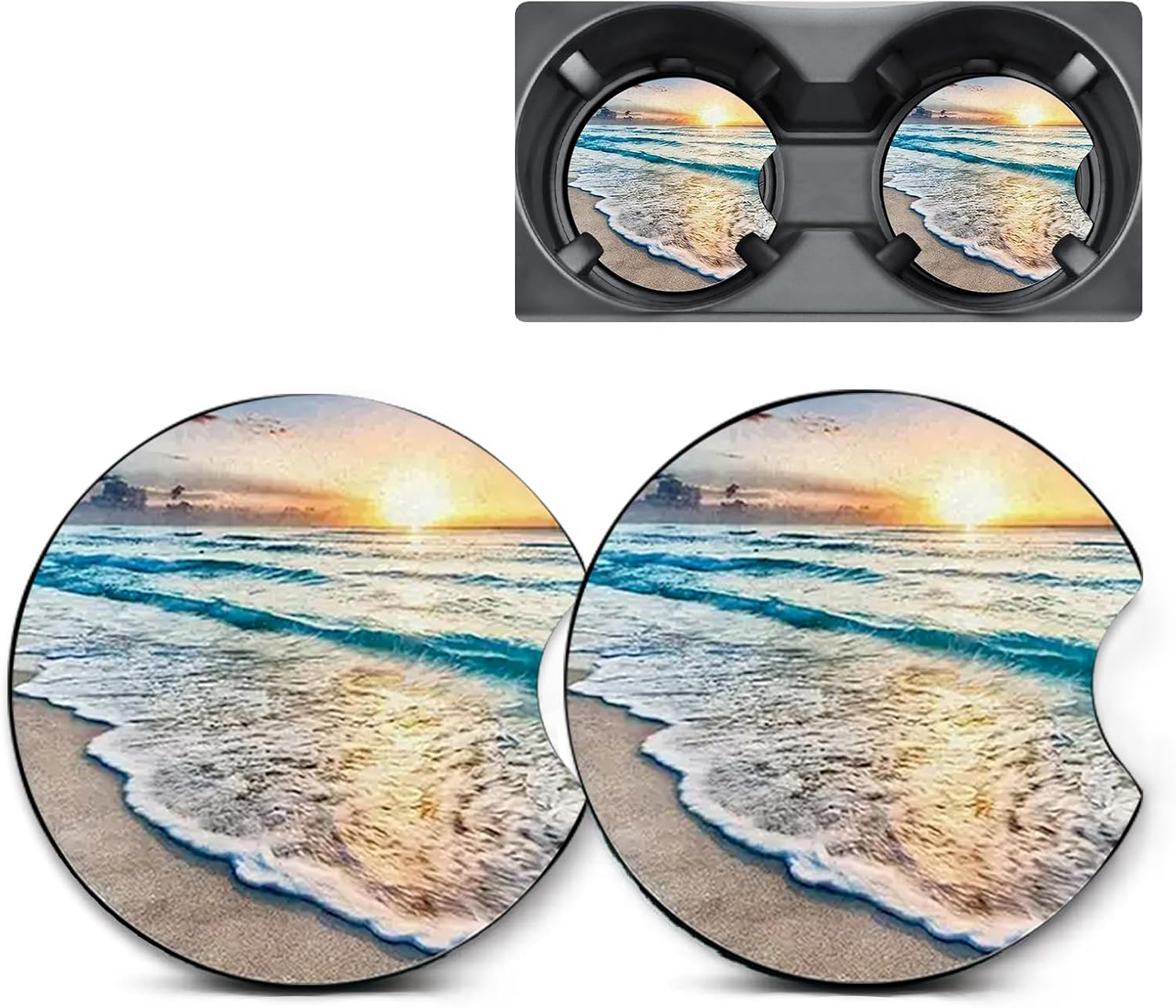 2 Pack Beach Sunset Car Coasters for Cup Holders,Neoprene Anti Slip Mat