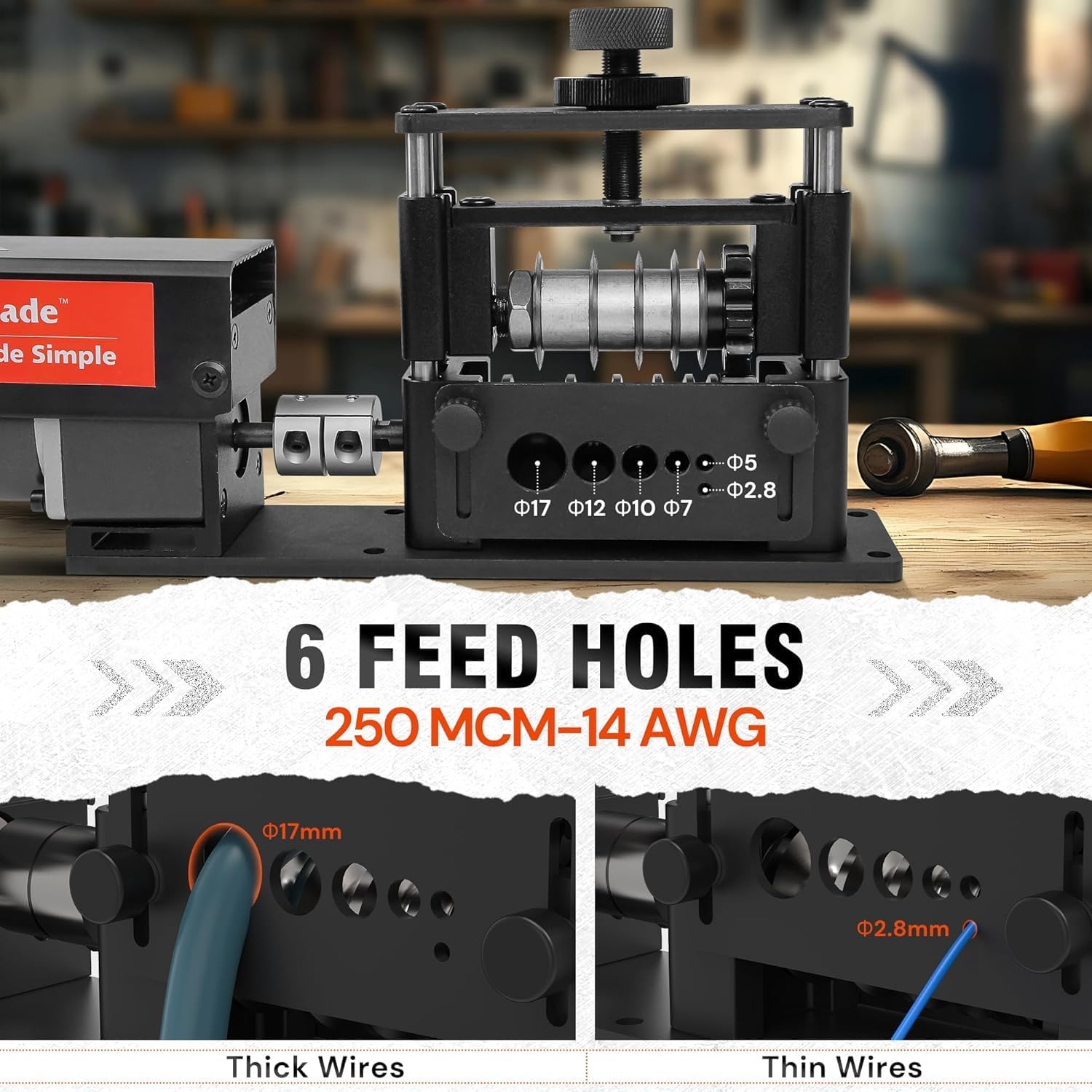 Automatic Wire Stripper Machine with Upgraded Motor, Electric Cable Stripping Tool Featuring 6 Channels and 5 Carbide Blades for Efficient Copper Wire Recycling (250 MCM–14 AWG)