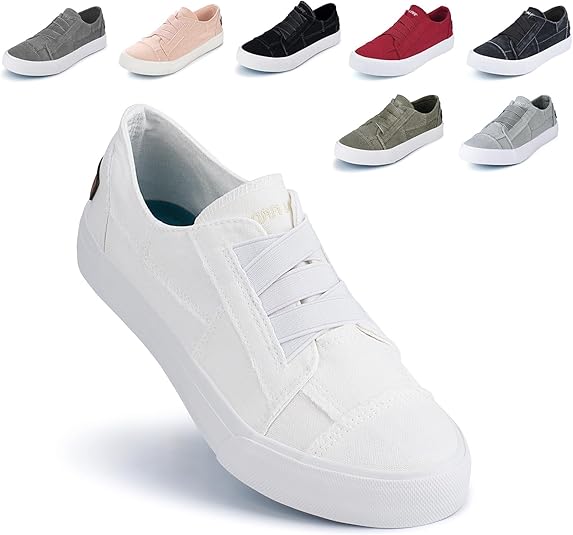 JENN ARDOR Women's Stylish Slip On Sneakers No Laces Elastic Low Top Canvas Sneakers Trendy Flats Comfortable Casual Walking Shoes