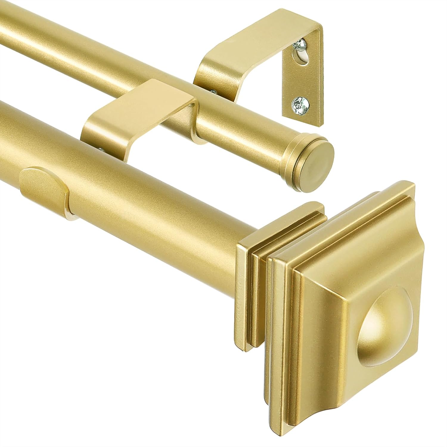 KAMANINA 1 Inch Double Curtain Rods 36 to 72 Inches (3-6 Feet) Telescoping Gold Curtain Rod for Windows 24 to 68 Inches, Decorative Drapery Rods with Square Finials 36-72" Gold