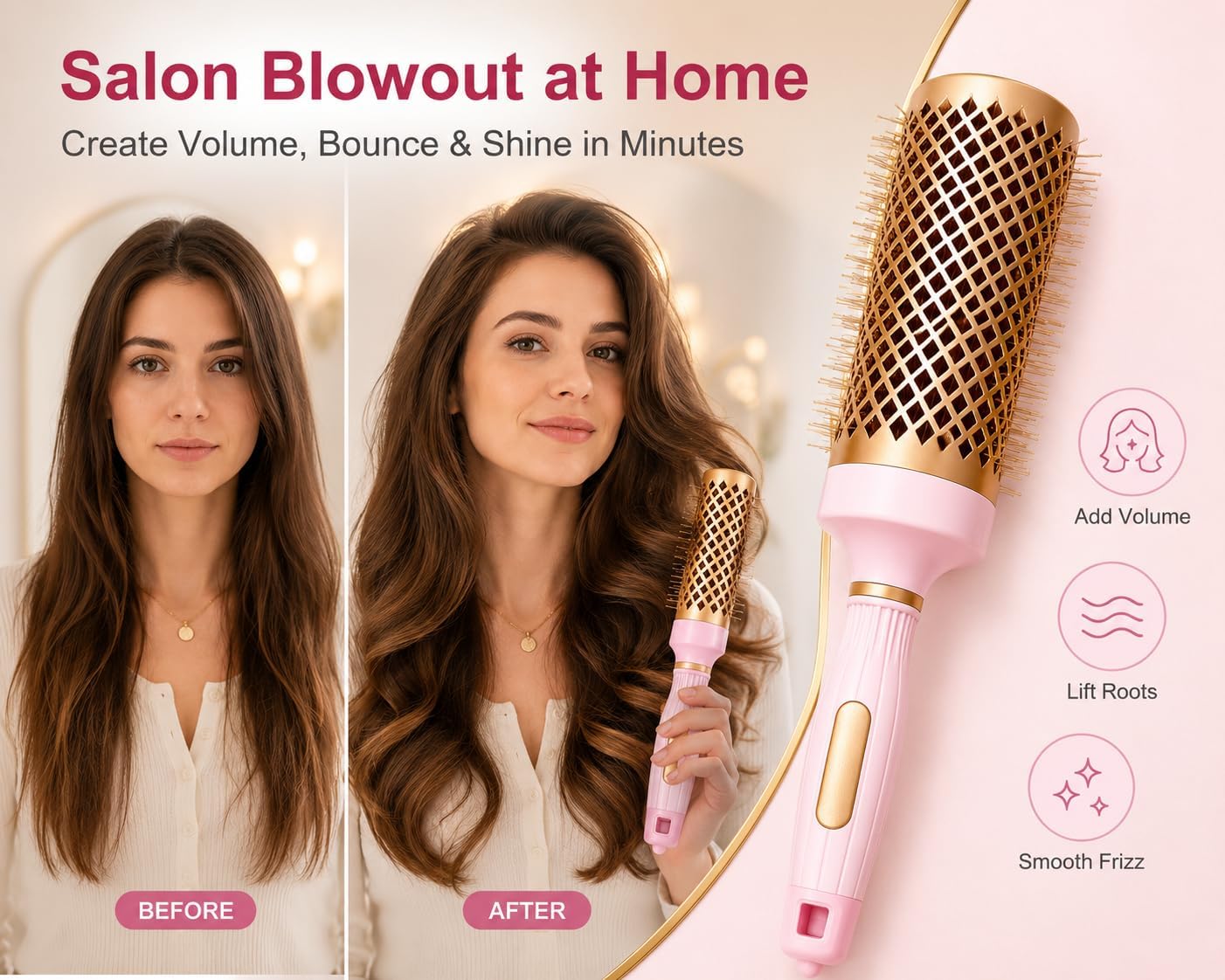 5pcs Round Brush Set for Blow Drying with Paddle Brush, 4 Thermal Barrel Sizes for Blow Dry Styling, Volume, Curling, Smoothing & Detangling, Includes 2 Clips