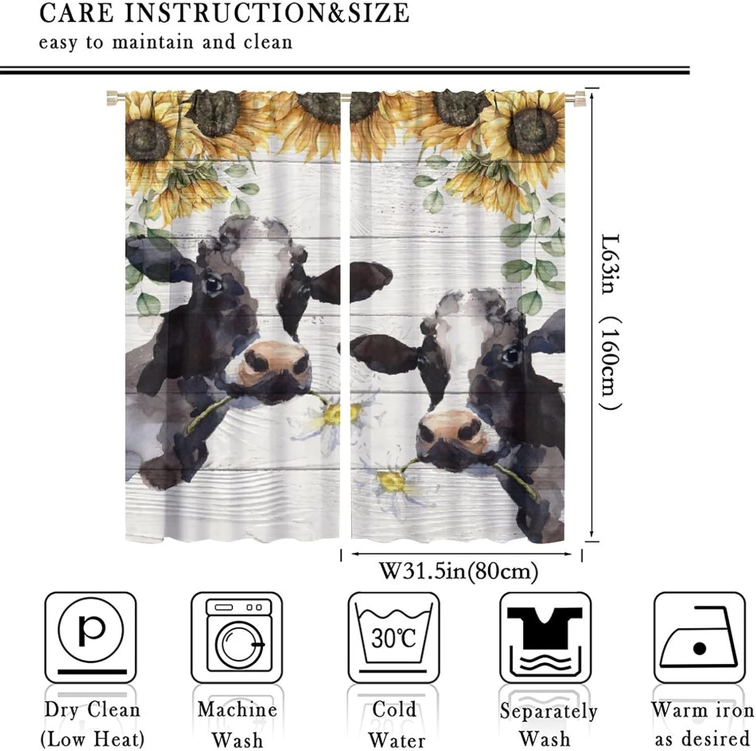 JESTRONRY Cow Window Curtains,Funny Farmhouse Cow Farm Animal Cow Flowers Sunflower Room Darkening Door Window Rod Pocket Curtain for Living Room Bedroom Kitchen Bathroom W63xL63in
