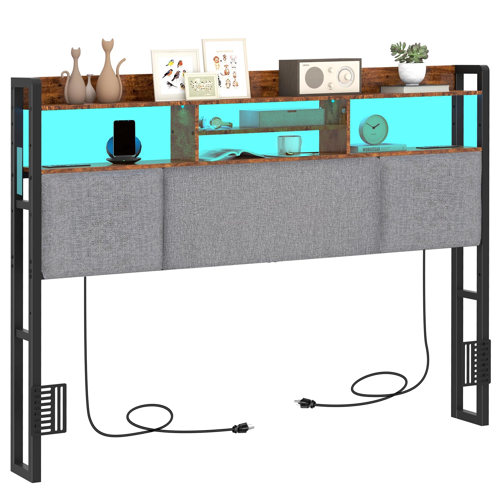 Upholstered Queen Size Headboard with Charging Station & LED Light